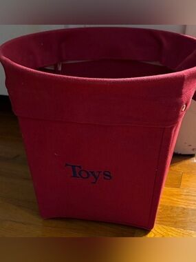 Pottery Barn Red Fabric Wire Toy Storage Bin with 'Toys' Embroidery Blue Font